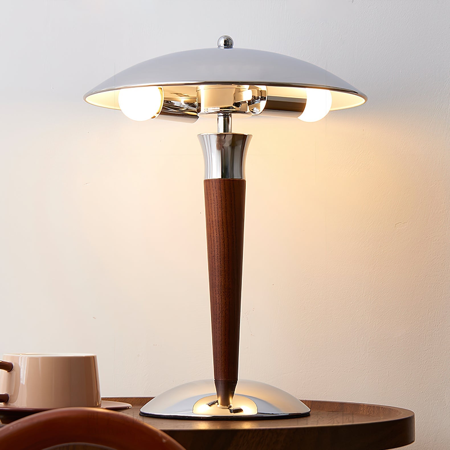 Modern Industrial Helmet Reading Lamp with Walnut Wood Base and Chrome Metal Shade