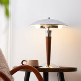 Modern Industrial Helmet Reading Lamp with Walnut Wood Base and Chrome Metal Shade