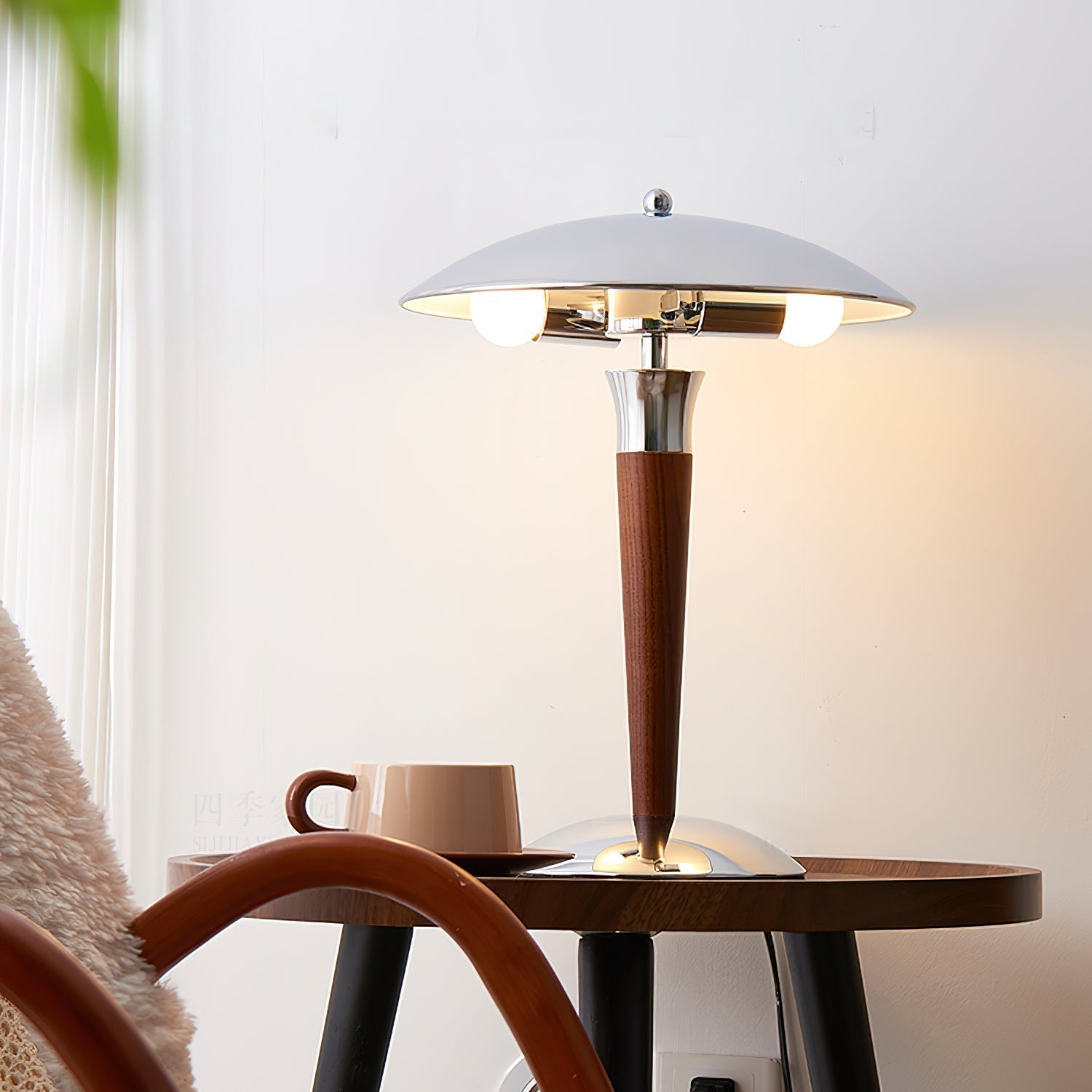 Modern Industrial Helmet Reading Lamp with Walnut Wood Base and Chrome Metal Shade