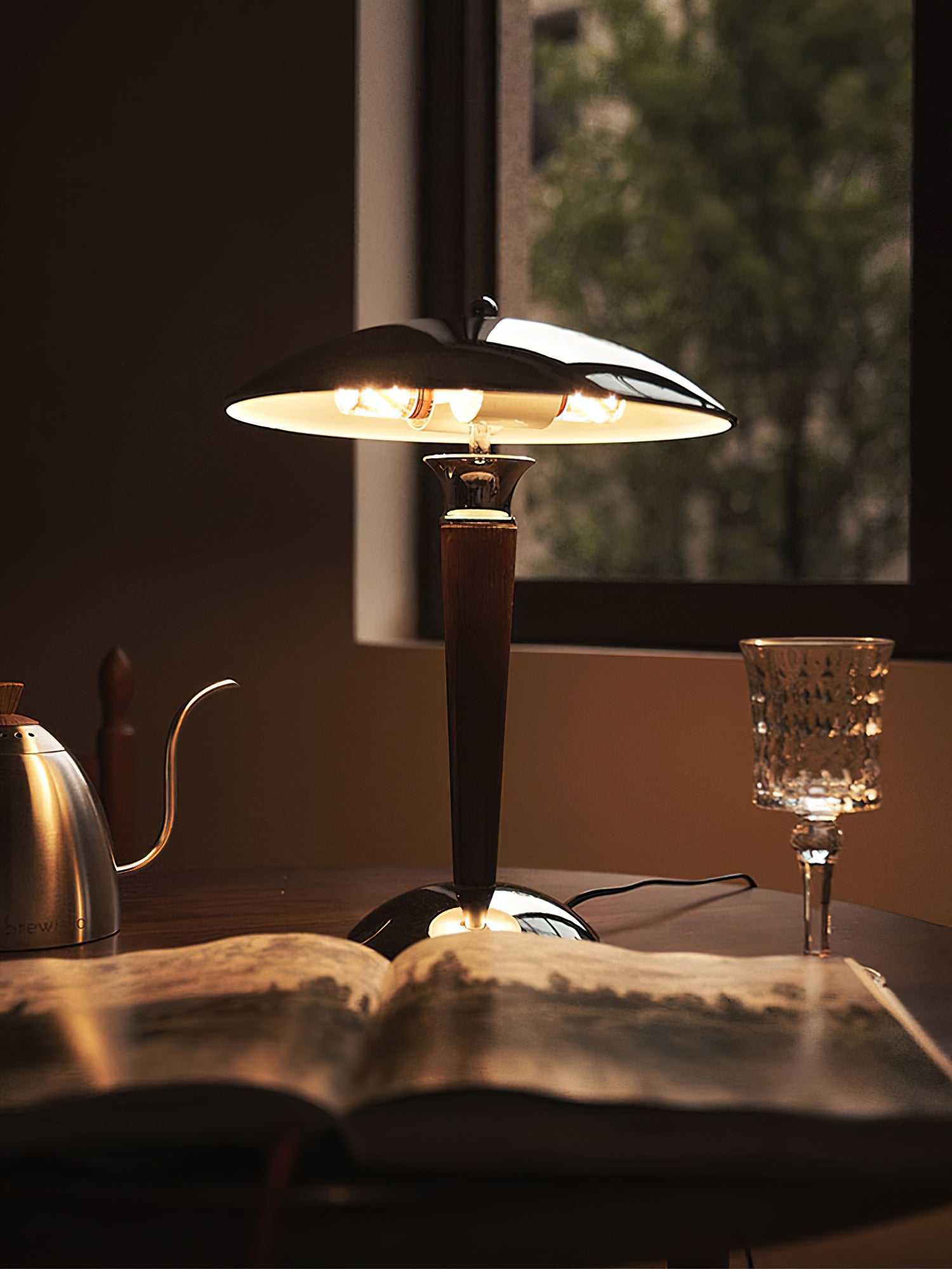 Modern Industrial Helmet Reading Lamp with Walnut Wood Base and Chrome Metal Shade