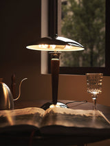 Modern Industrial Helmet Reading Lamp with Walnut Wood Base and Chrome Metal Shade