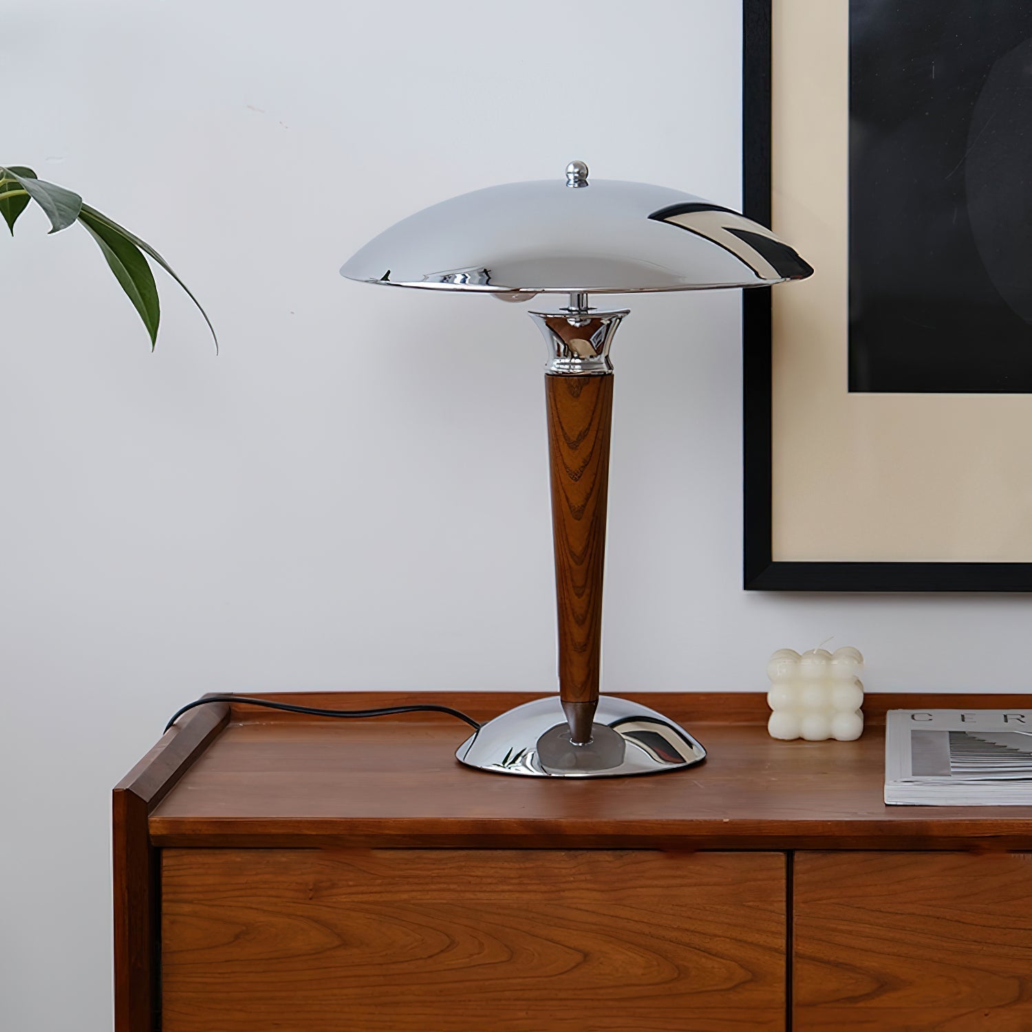 Modern Industrial Helmet Reading Lamp with Walnut Wood Base and Chrome Metal Shade