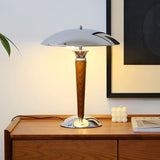 Modern Industrial Helmet Reading Lamp with Walnut Wood Base and Chrome Metal Shade