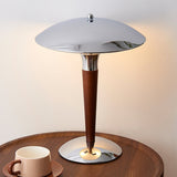 Modern Industrial Helmet Reading Lamp with Walnut Wood Base and Chrome Metal Shade