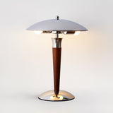 Modern Industrial Helmet Reading Lamp with Walnut Wood Base and Chrome Metal Shade