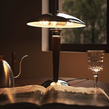 Modern Industrial Helmet Reading Lamp with Walnut Wood Base and Chrome Metal Shade
