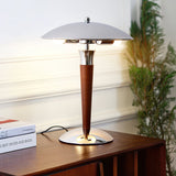 Modern Industrial Helmet Reading Lamp with Walnut Wood Base and Chrome Metal Shade