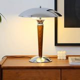 Modern Industrial Helmet Reading Lamp with Walnut Wood Base and Chrome Metal Shade