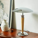 Modern Industrial Helmet Reading Lamp with Walnut Wood Base and Chrome Metal Shade