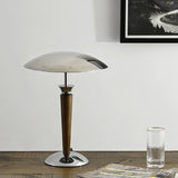 Modern Industrial Helmet Reading Lamp with Walnut Wood Base and Chrome Metal Shade