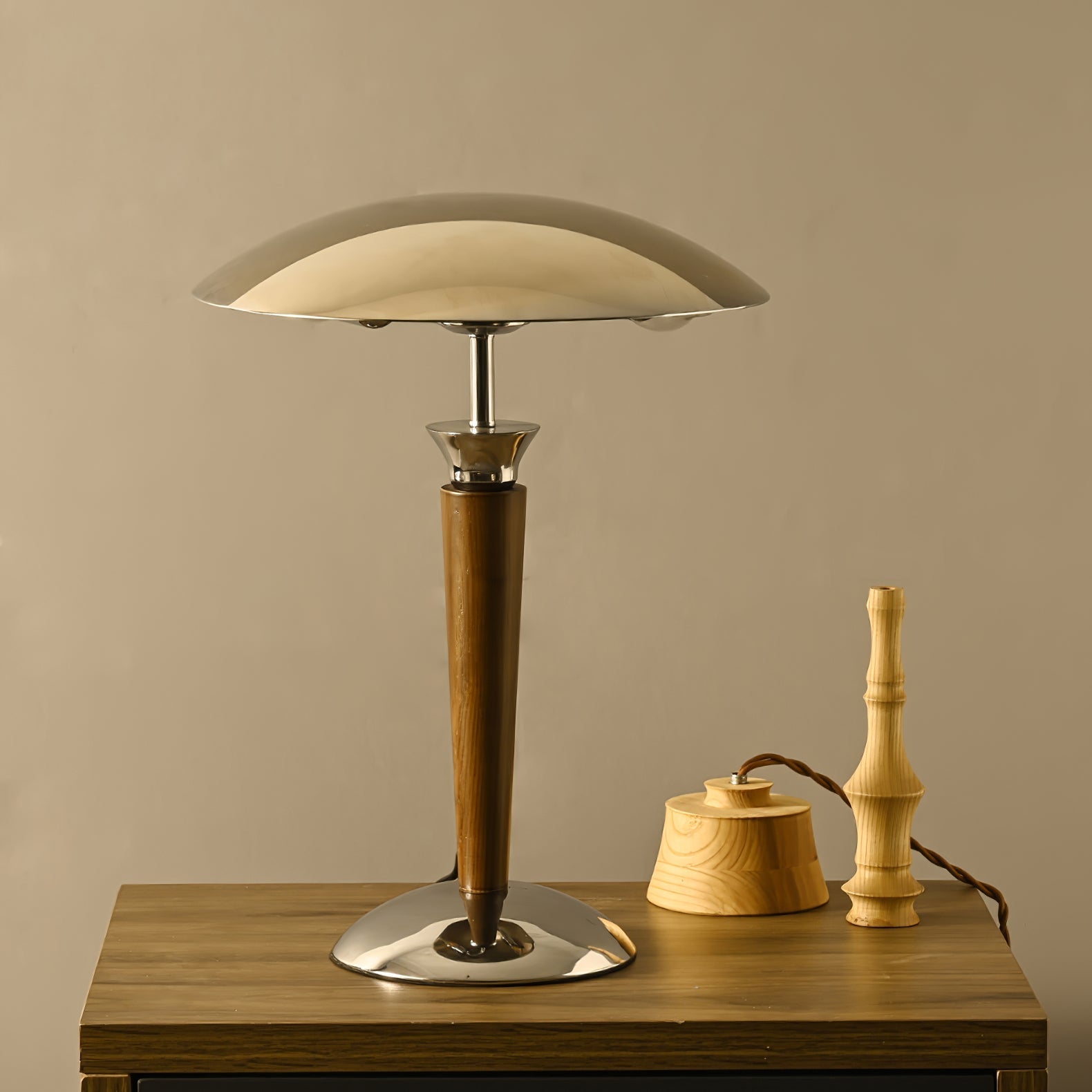 Modern Industrial Helmet Reading Lamp with Walnut Wood Base and Chrome Metal Shade