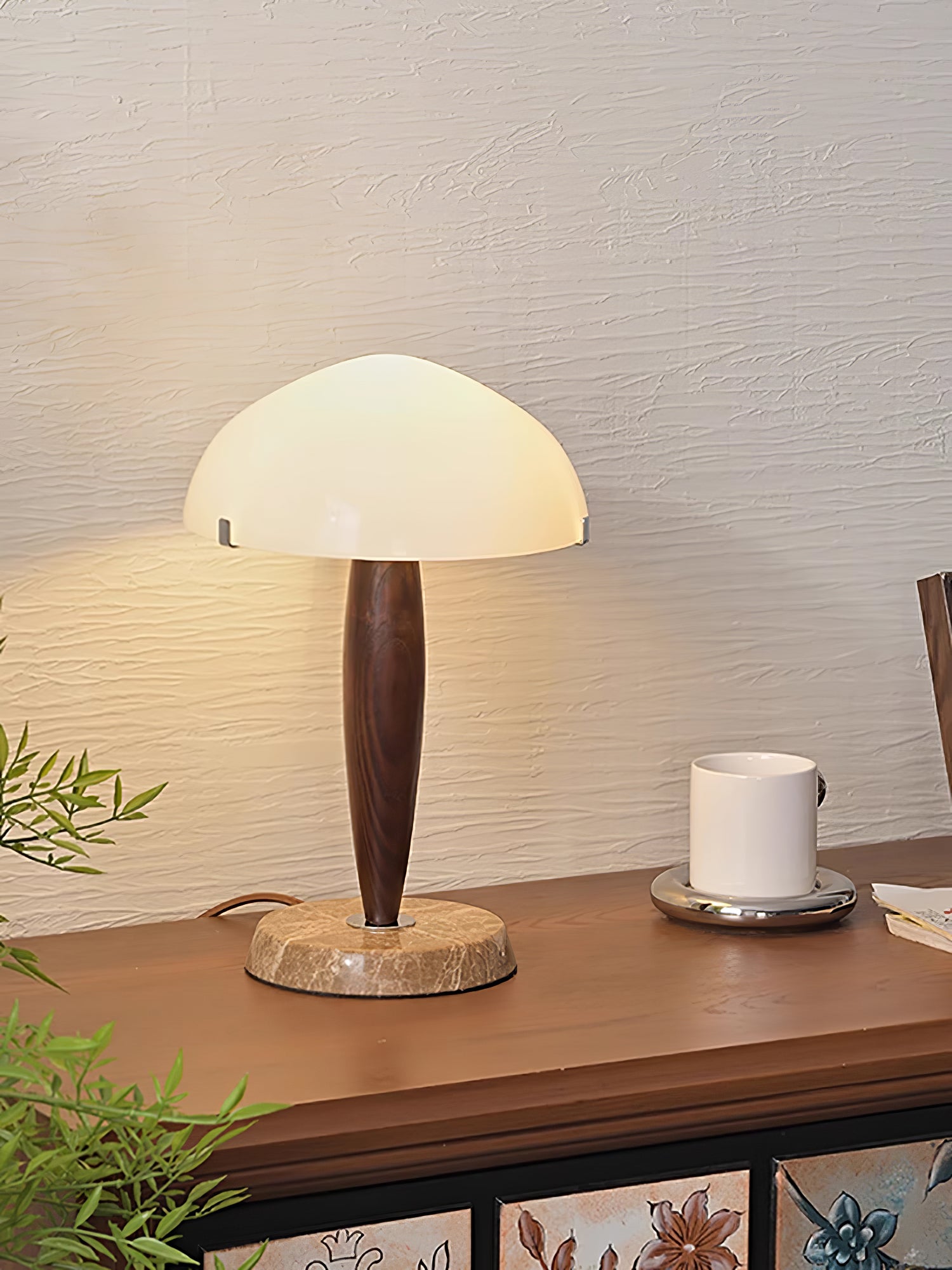 Mid Century Modern Glass Globe Table Lamp with Dark Walnut Wood and Marble Base