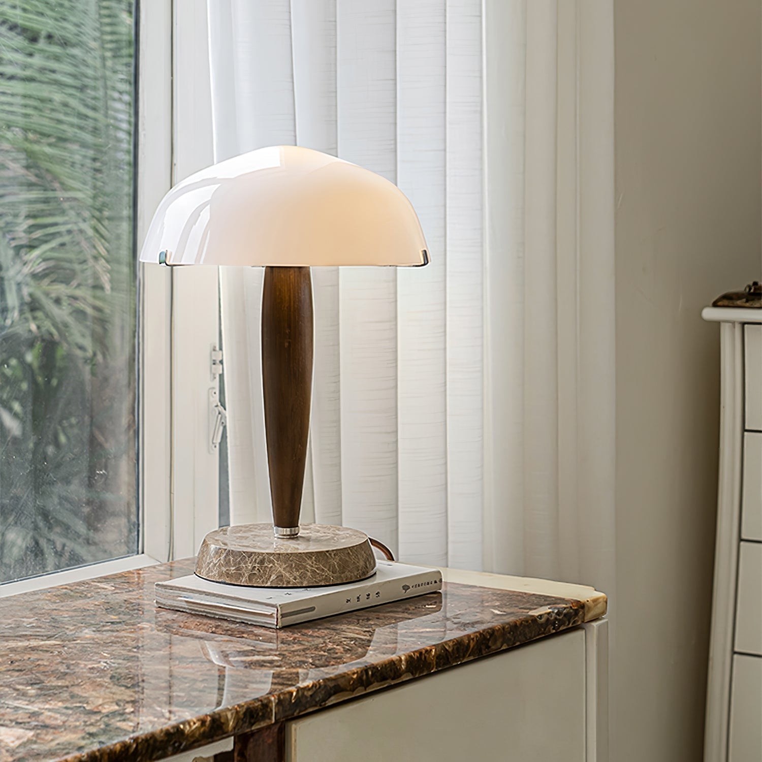 Mid Century Modern Glass Globe Table Lamp with Dark Walnut Wood and Marble Base