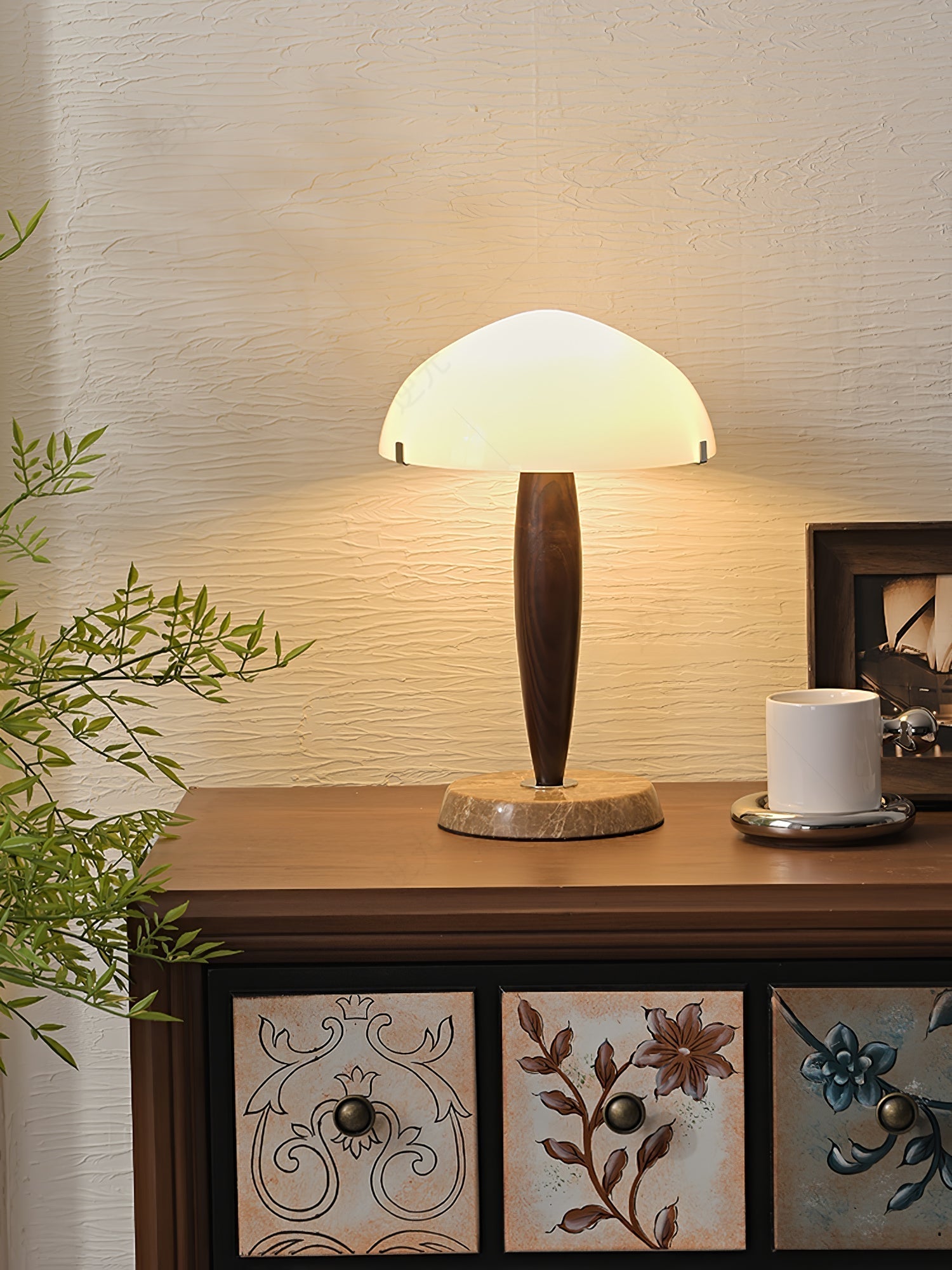 Mid Century Modern Glass Globe Table Lamp with Dark Walnut Wood and Marble Base