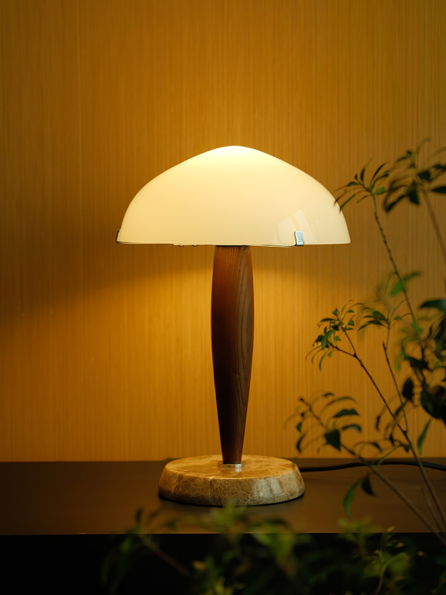 Mid Century Modern Glass Globe Table Lamp with Dark Walnut Wood and Marble Base