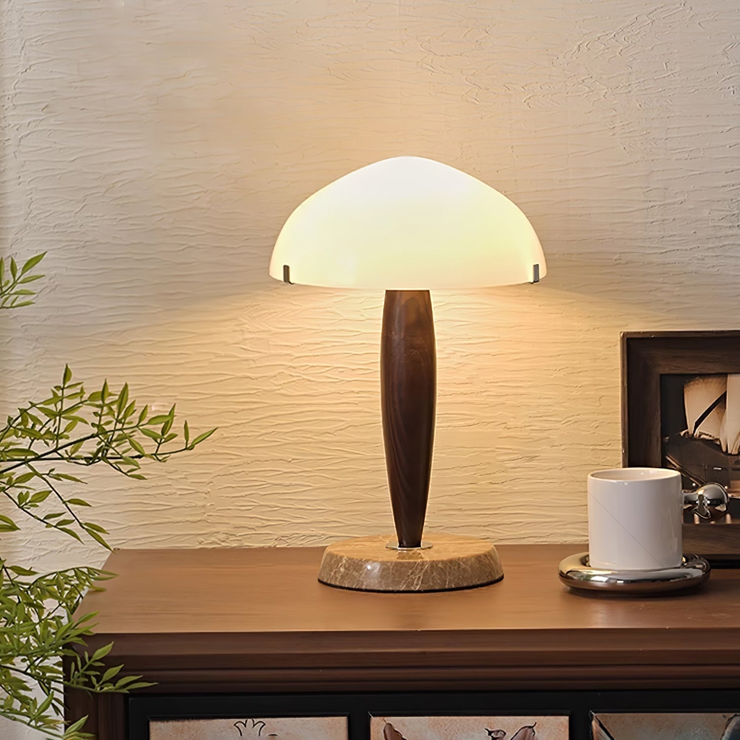 Mid Century Modern Glass Globe Table Lamp with Dark Walnut Wood and Marble Base
