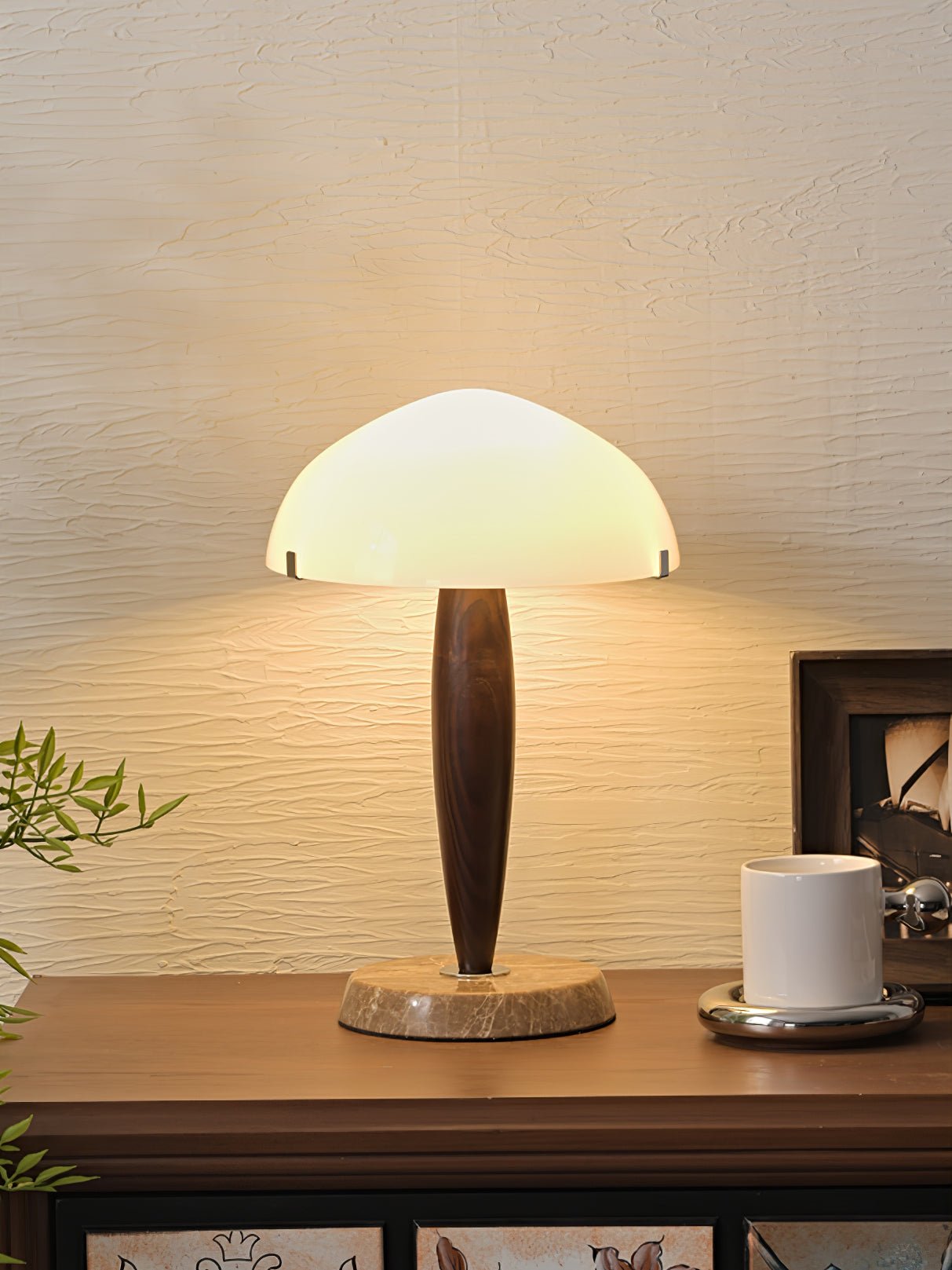Mid Century Modern Glass Globe Table Lamp with Dark Walnut Wood and Marble Base