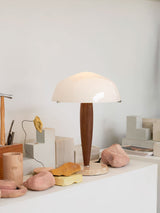 Mid Century Modern Glass Globe Table Lamp with Dark Walnut Wood and Marble Base