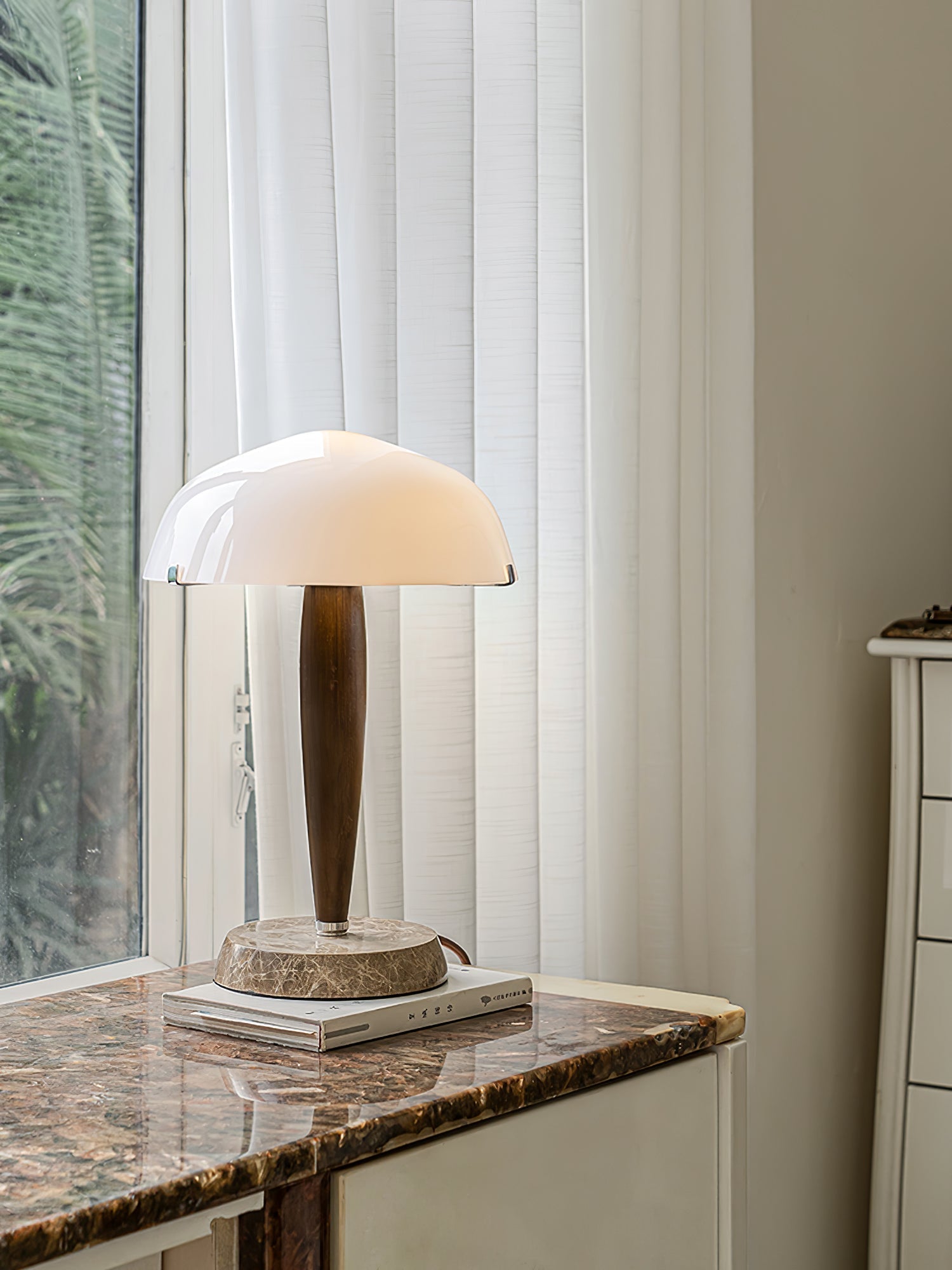 Mid Century Modern Glass Globe Table Lamp with Dark Walnut Wood and Marble Base