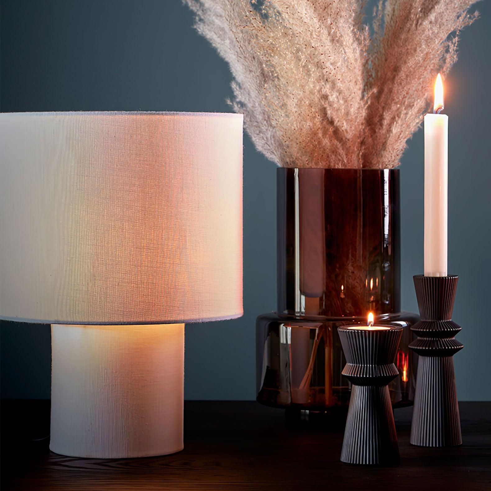 Heron Minimalist Drum Table Lamp Ivory Fabric Shade Black Metal Base for Home Decor