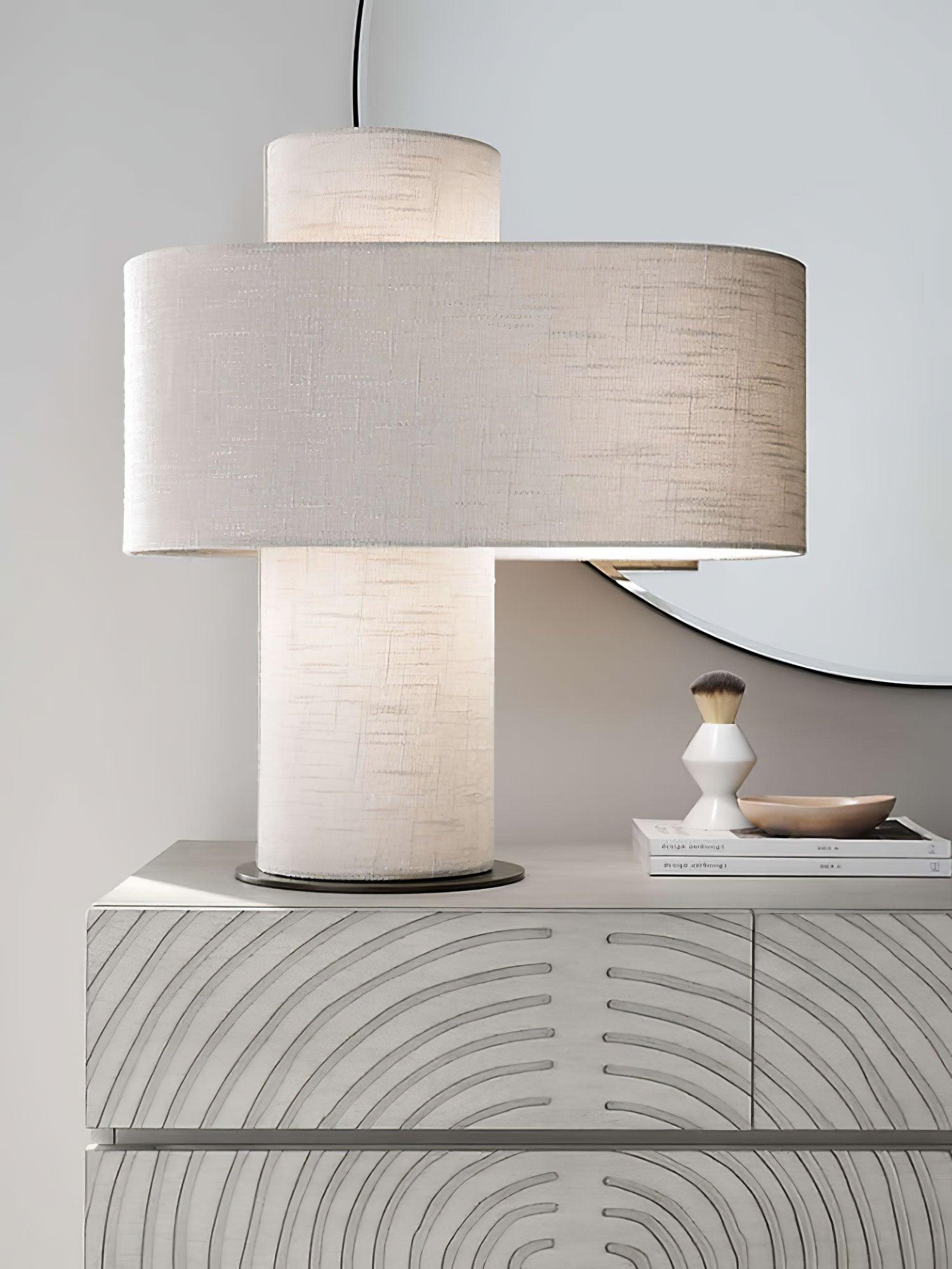 Heron Minimalist Drum Table Lamp Ivory Fabric Shade Black Metal Base for Home Decor