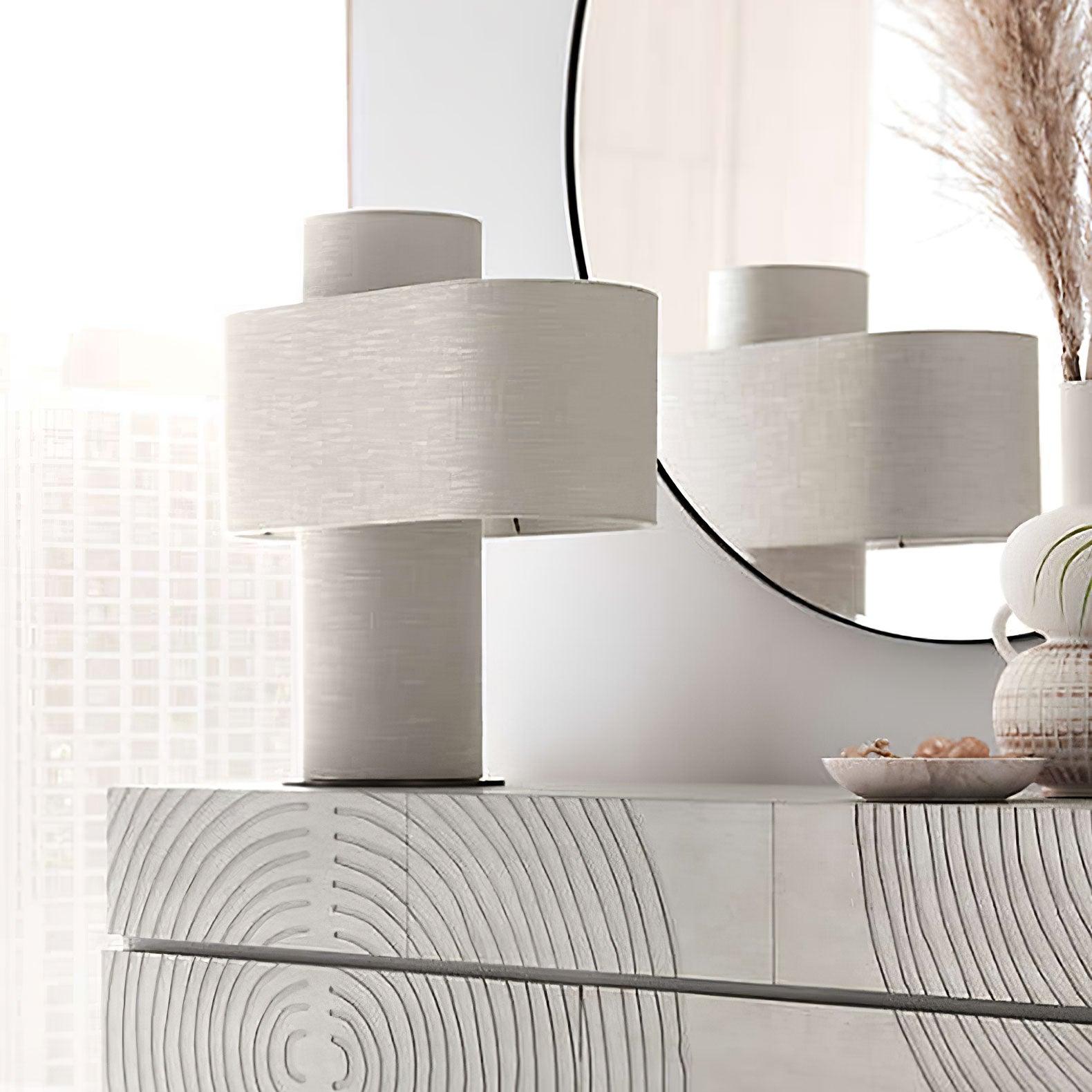 Heron Minimalist Drum Table Lamp Ivory Fabric Shade Black Metal Base for Home Decor