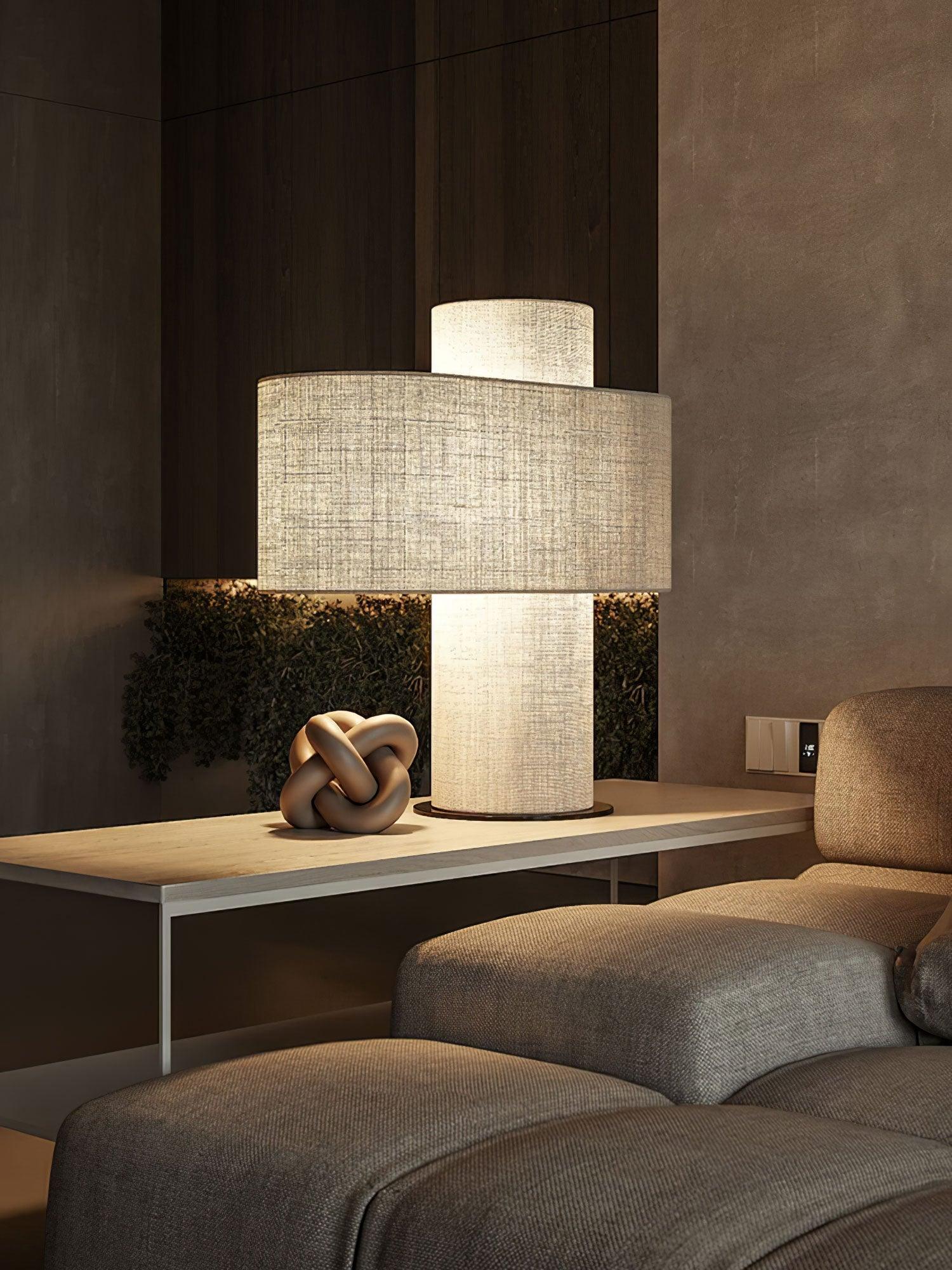 Heron Minimalist Drum Table Lamp Ivory Fabric Shade Black Metal Base for Home Decor