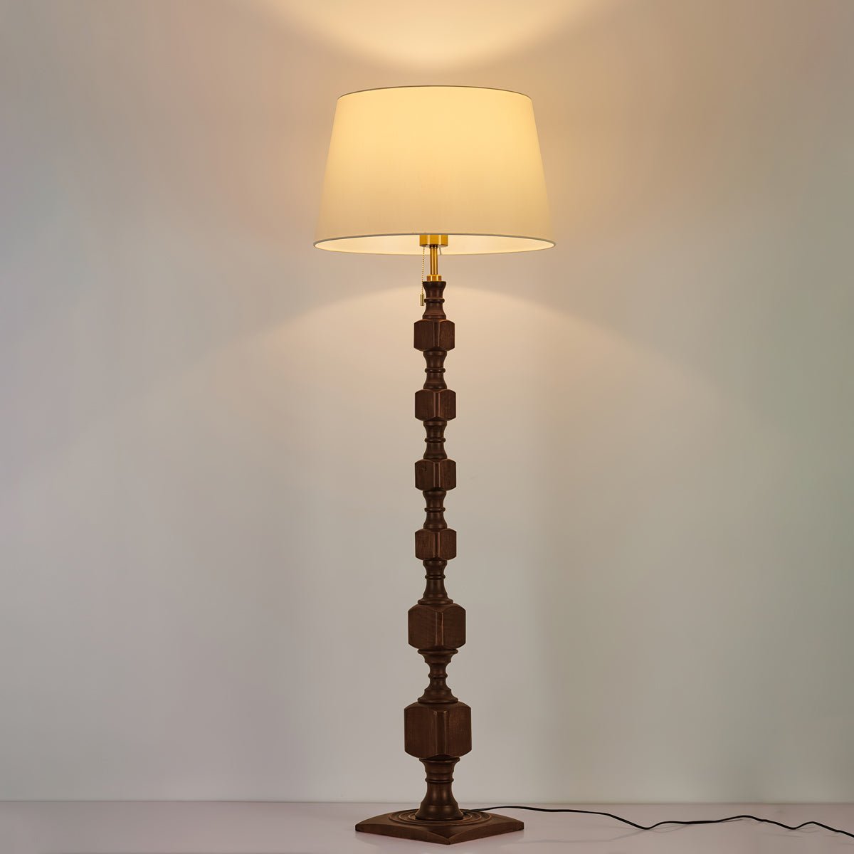 Modern Hexas Stacked Wood and Metal Floor Lamp with Architectural Hexagonal Design