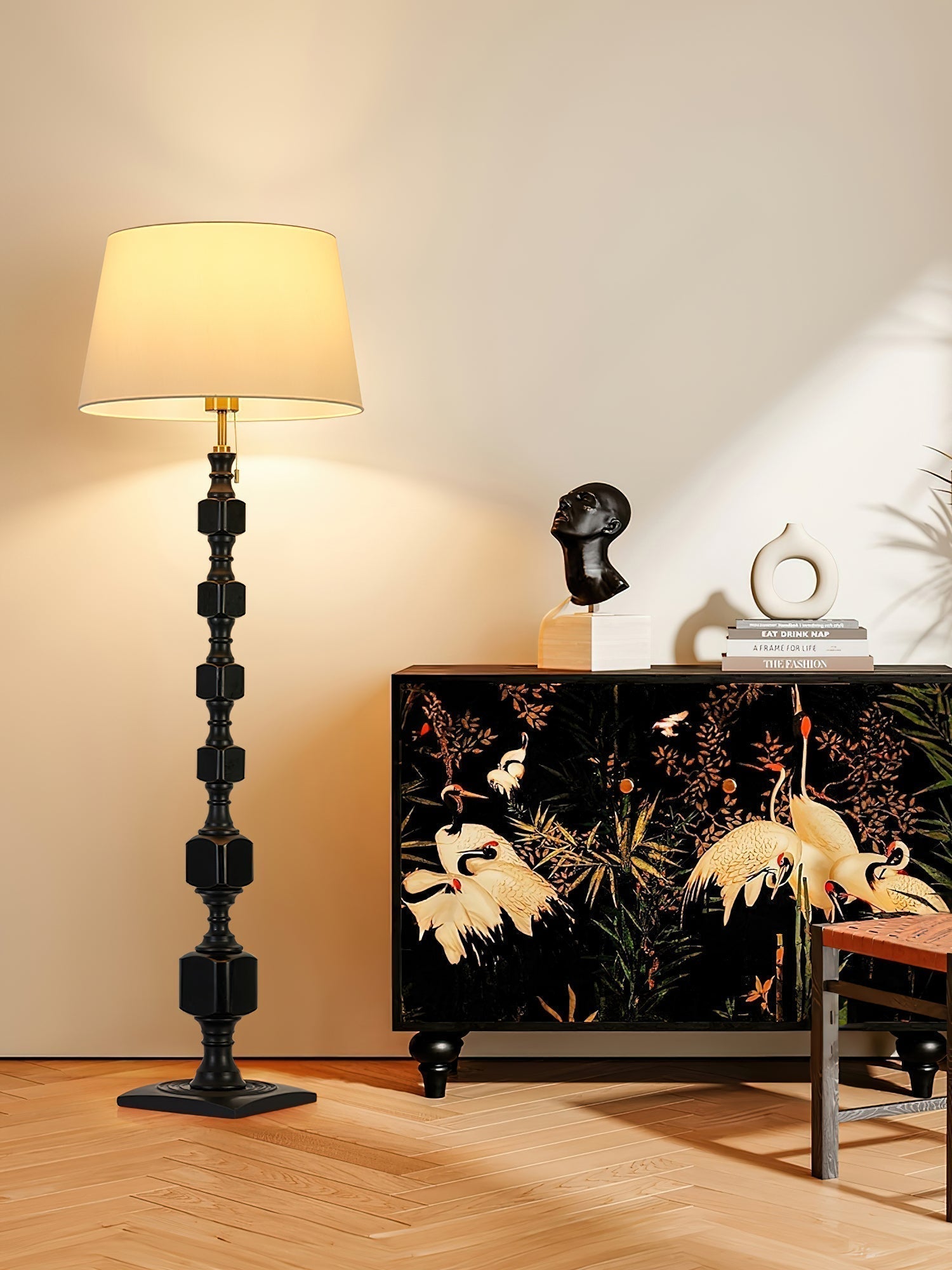 Modern Hexas Stacked Wood and Metal Floor Lamp with Architectural Hexagonal Design