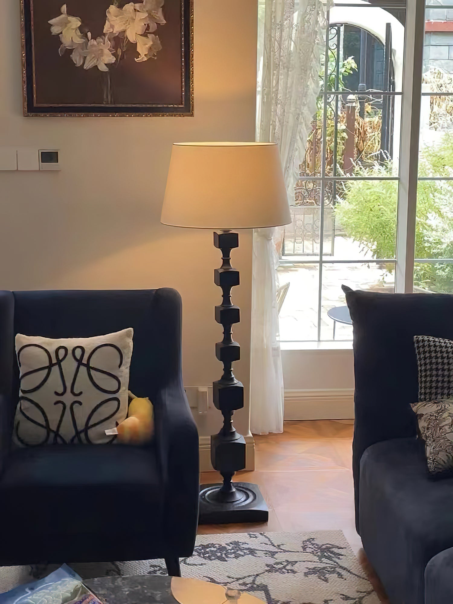 Modern Hexas Stacked Wood and Metal Floor Lamp with Architectural Hexagonal Design