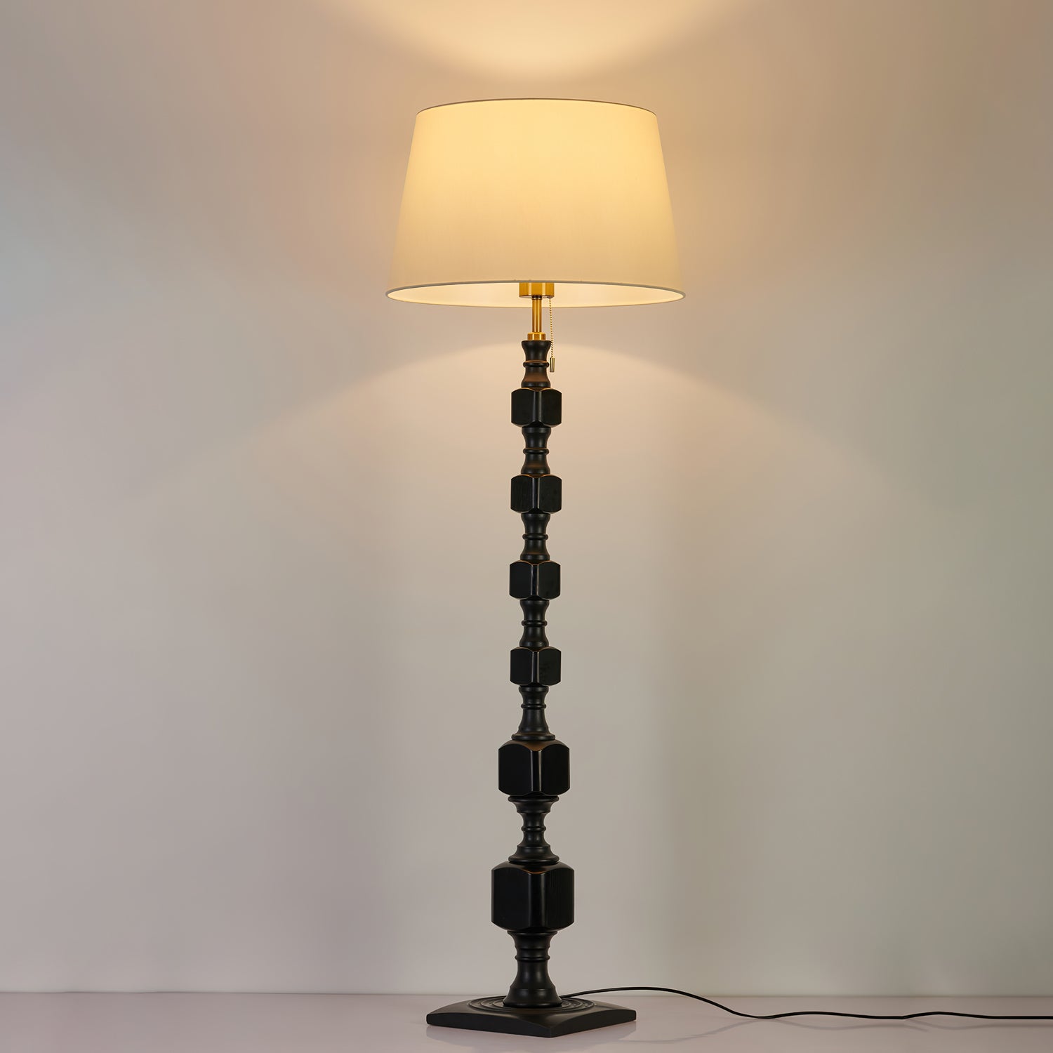 Modern Hexas Stacked Wood and Metal Floor Lamp with Architectural Hexagonal Design