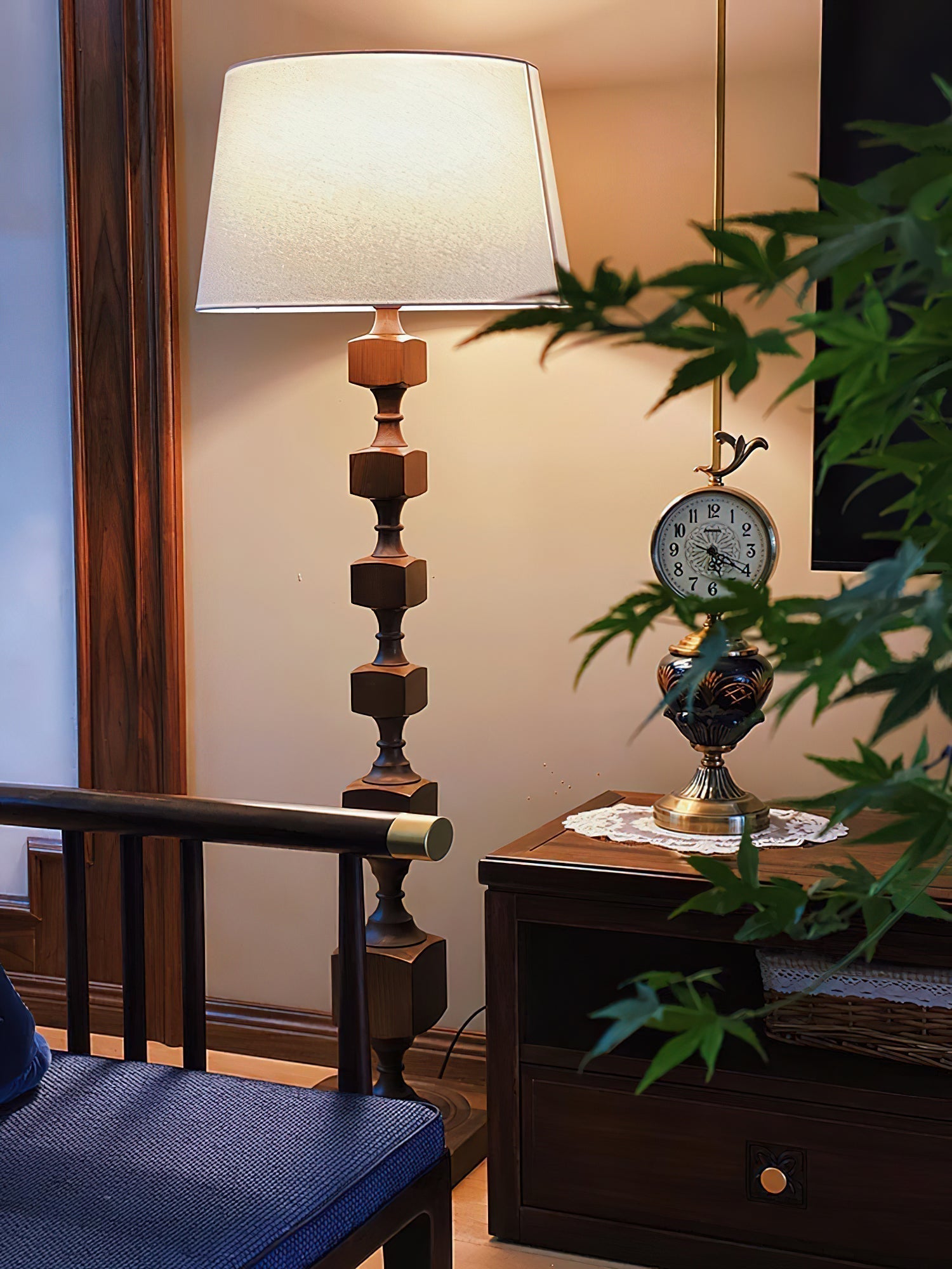 Modern Hexas Stacked Wood and Metal Floor Lamp with Architectural Hexagonal Design