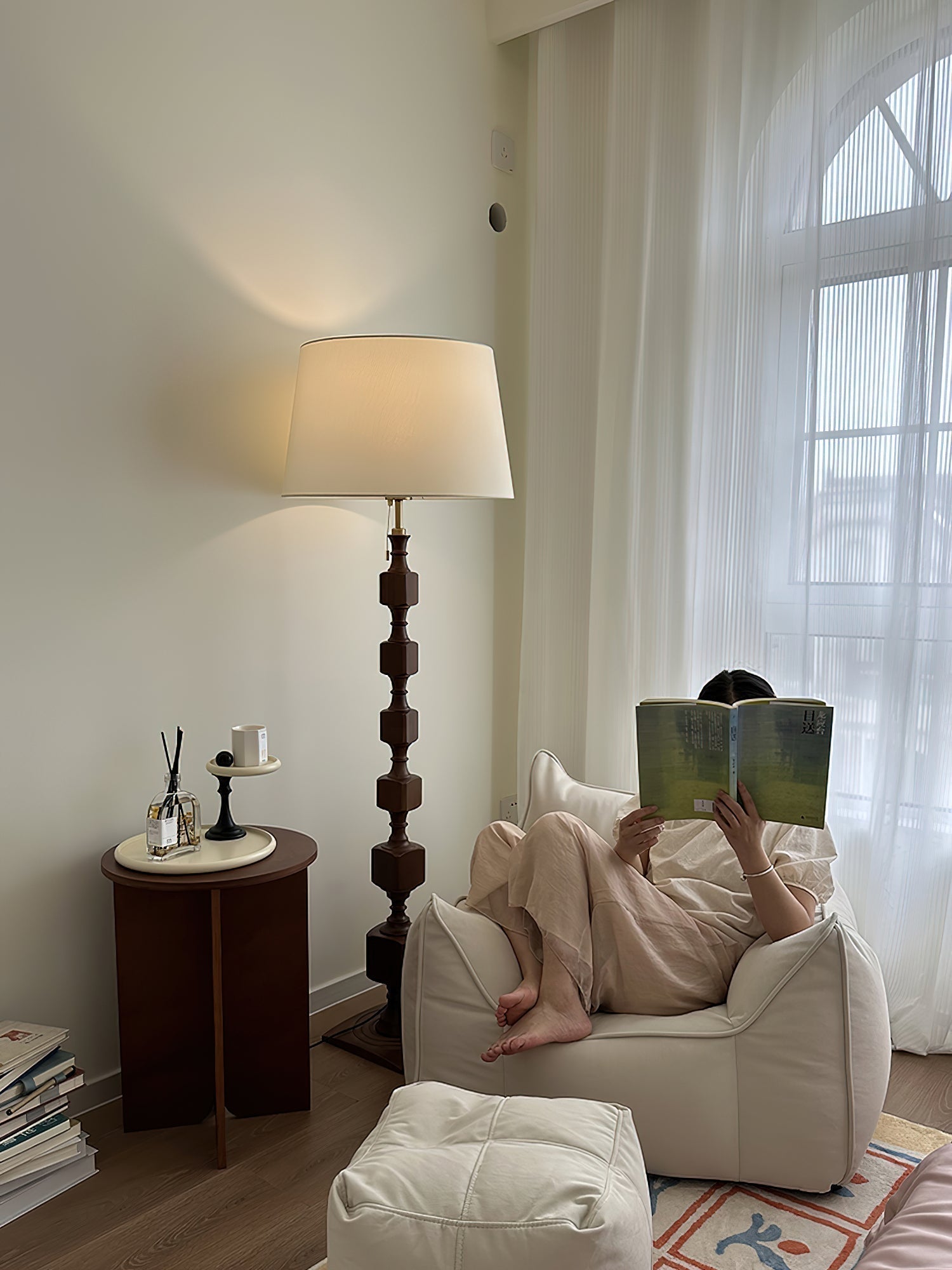 Modern Hexas Stacked Wood and Metal Floor Lamp with Architectural Hexagonal Design