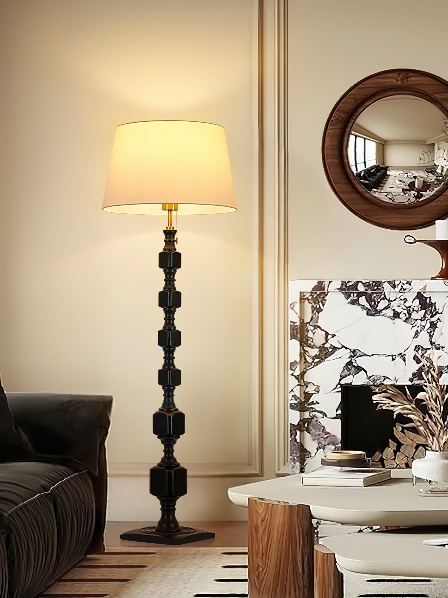 Modern Hexas Stacked Wood and Metal Floor Lamp with Architectural Hexagonal Design