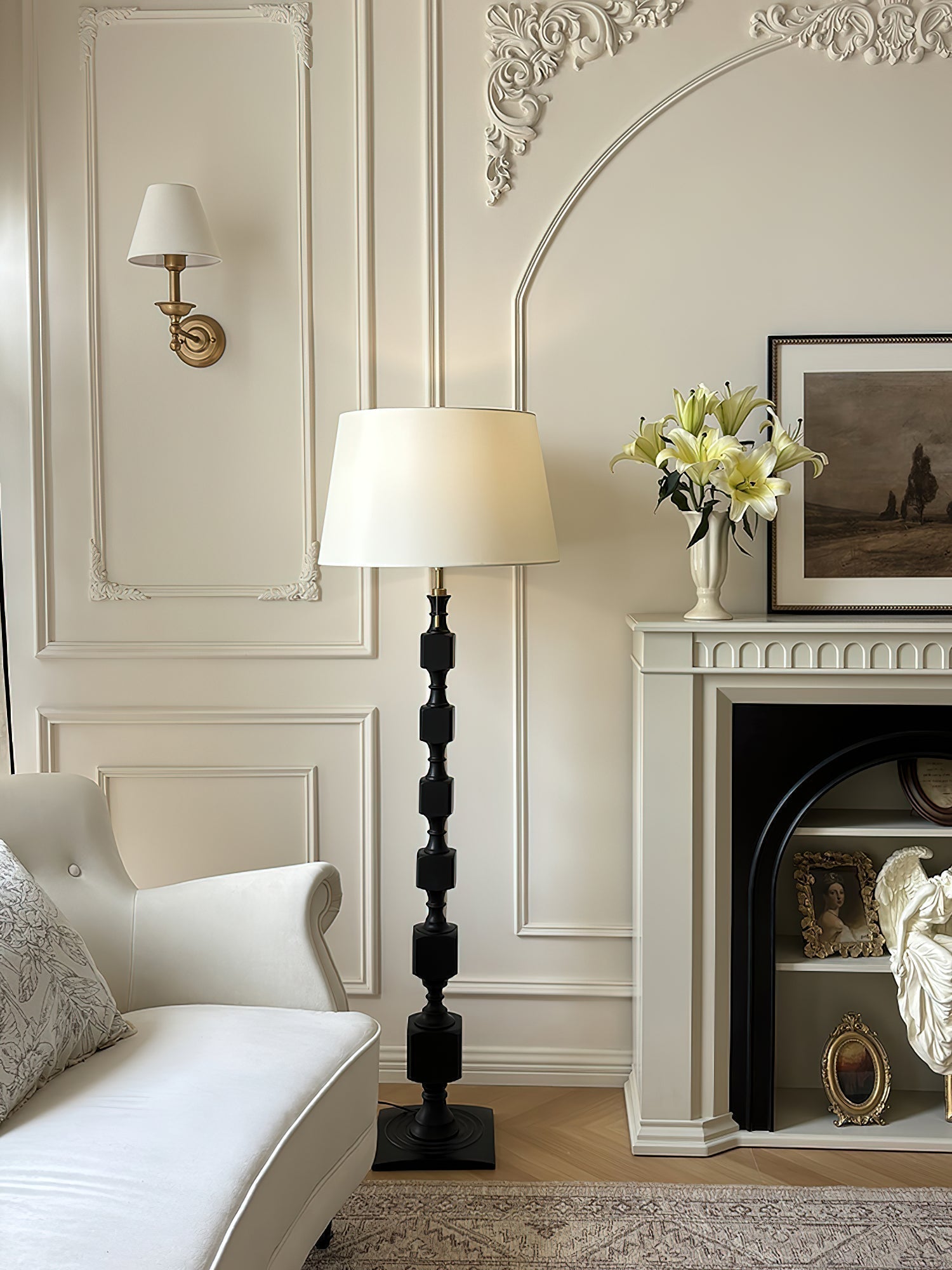Modern Hexas Stacked Wood and Metal Floor Lamp with Architectural Hexagonal Design