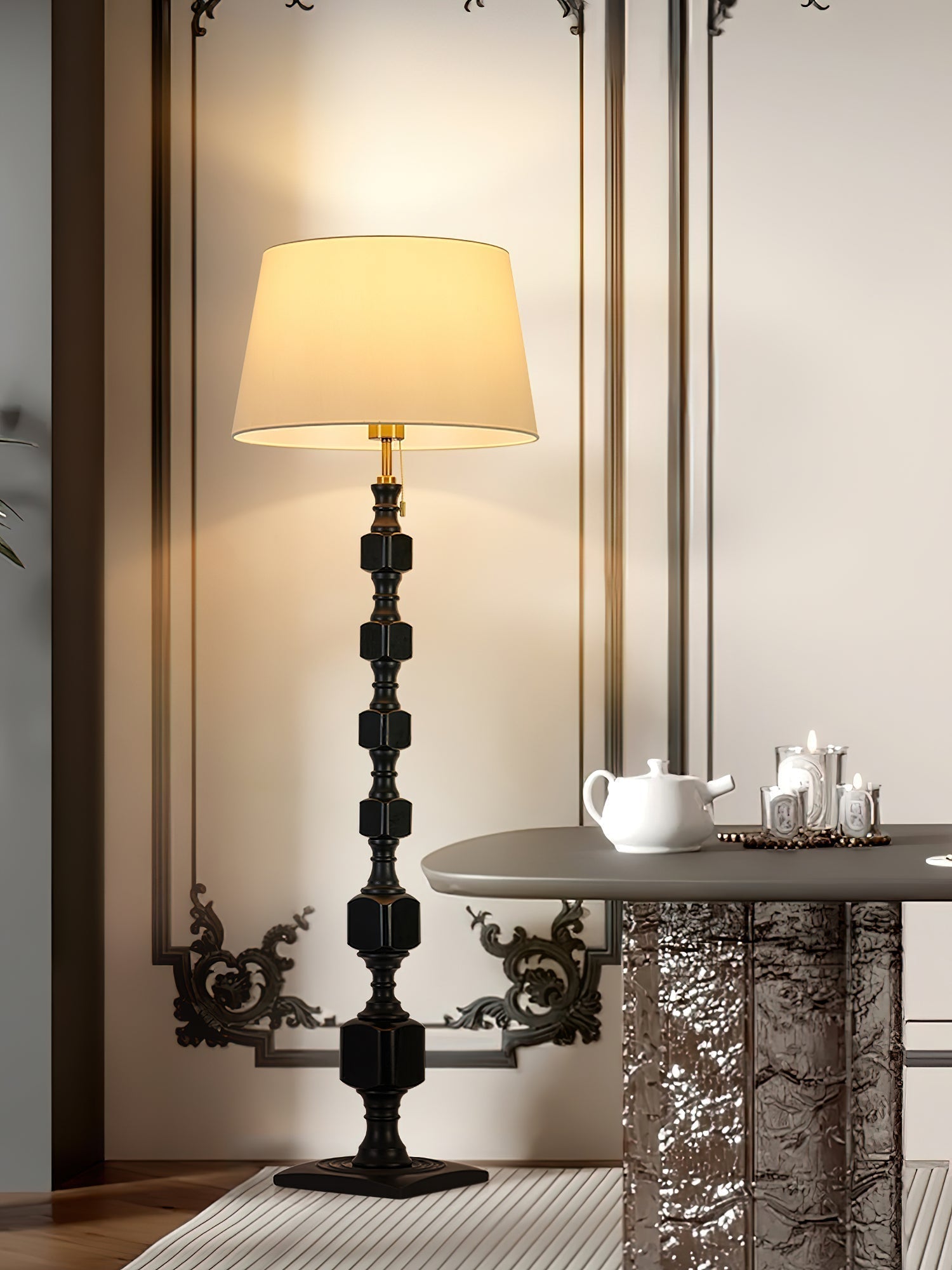 Modern Hexas Stacked Wood and Metal Floor Lamp with Architectural Hexagonal Design