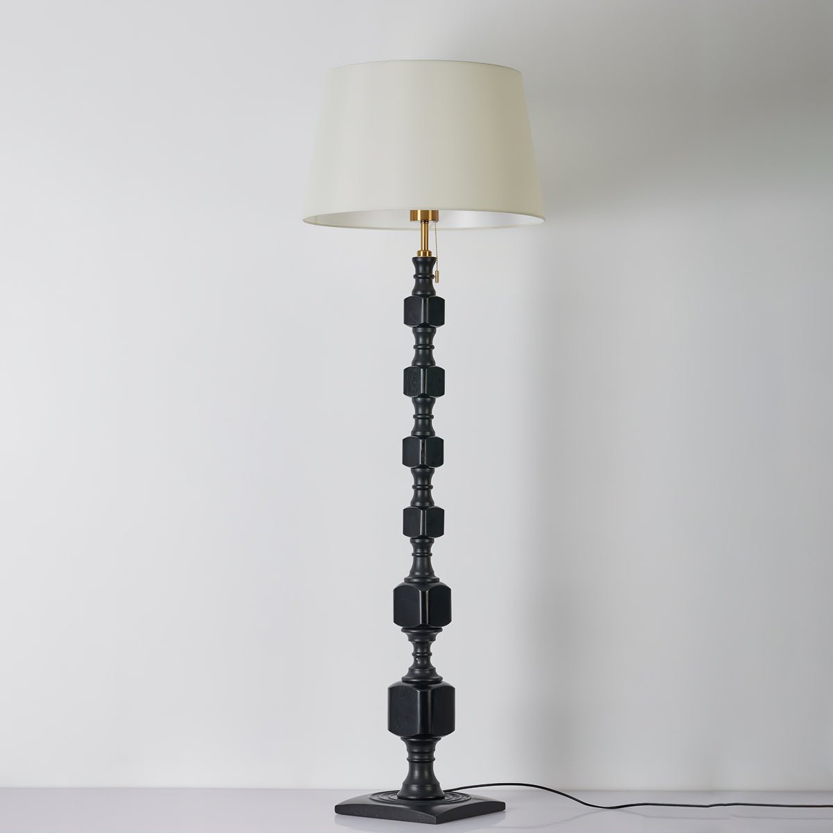 Modern Hexas Stacked Wood and Metal Floor Lamp with Architectural Hexagonal Design