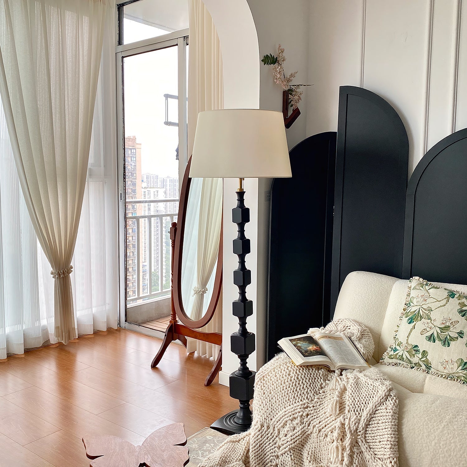 Modern Hexas Stacked Wood and Metal Floor Lamp with Architectural Hexagonal Design