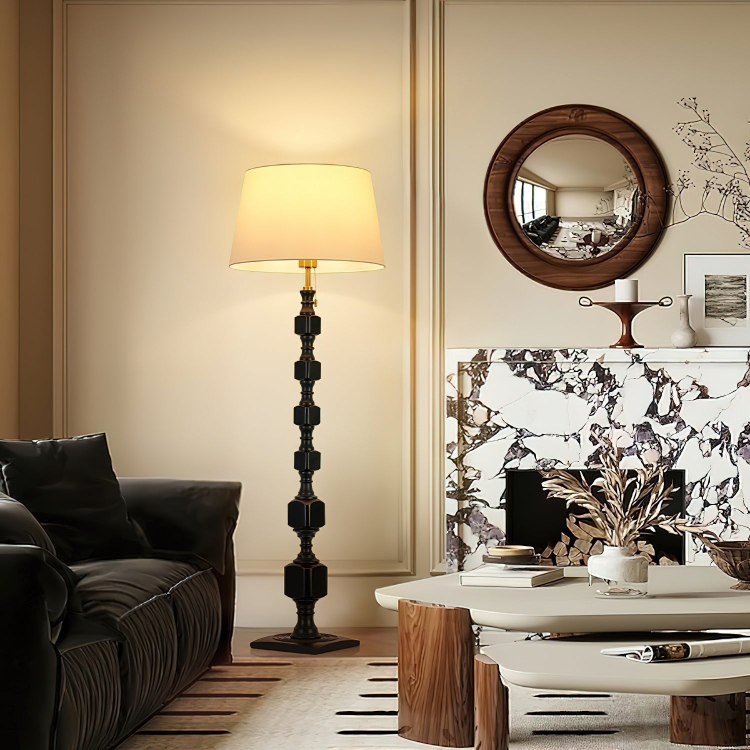 Modern Hexas Stacked Wood and Metal Floor Lamp with Architectural Hexagonal Design