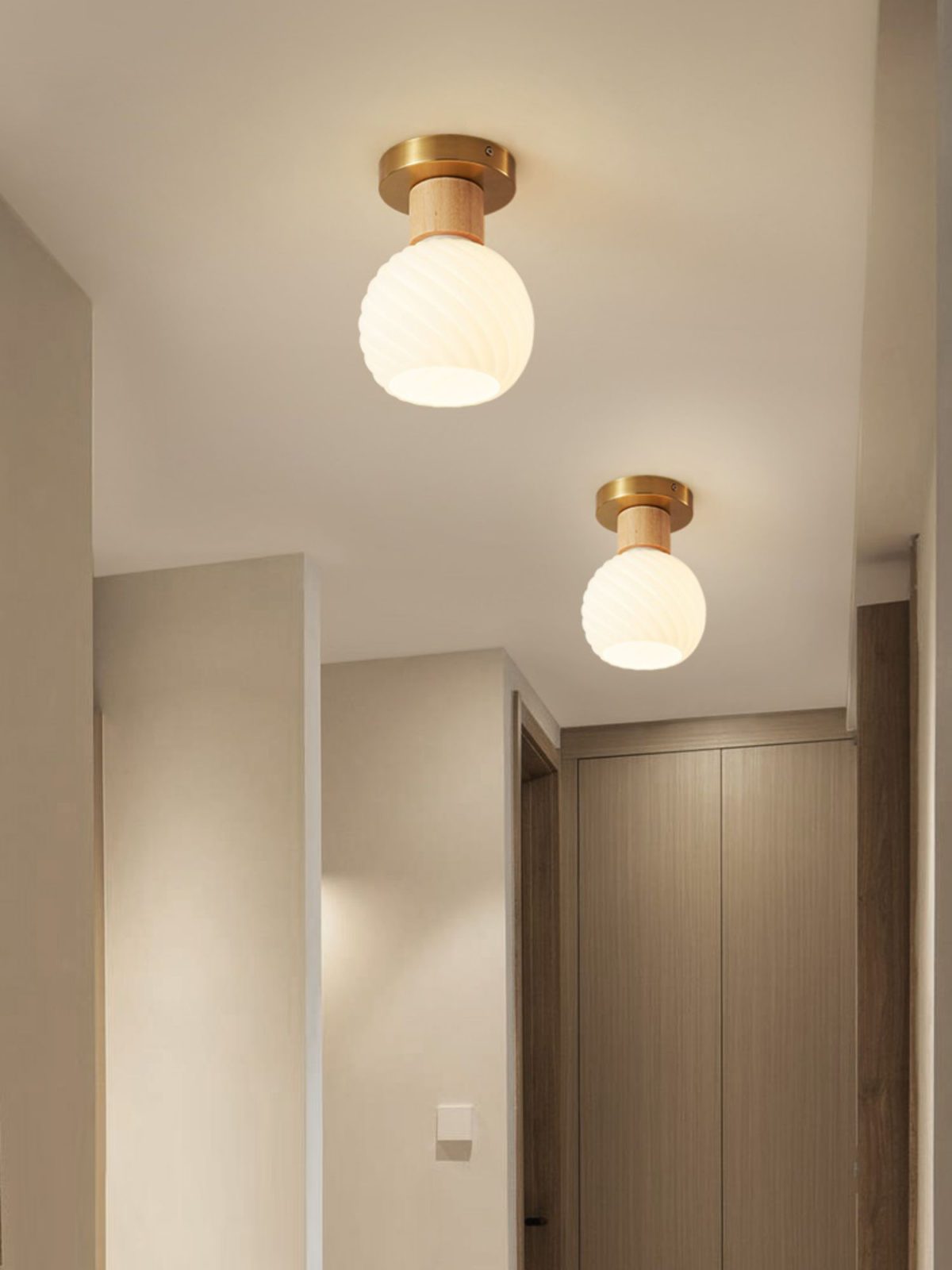 modern-horn-shaped-small-ceiling-lamp-with-wood-accents-and-glass-shade