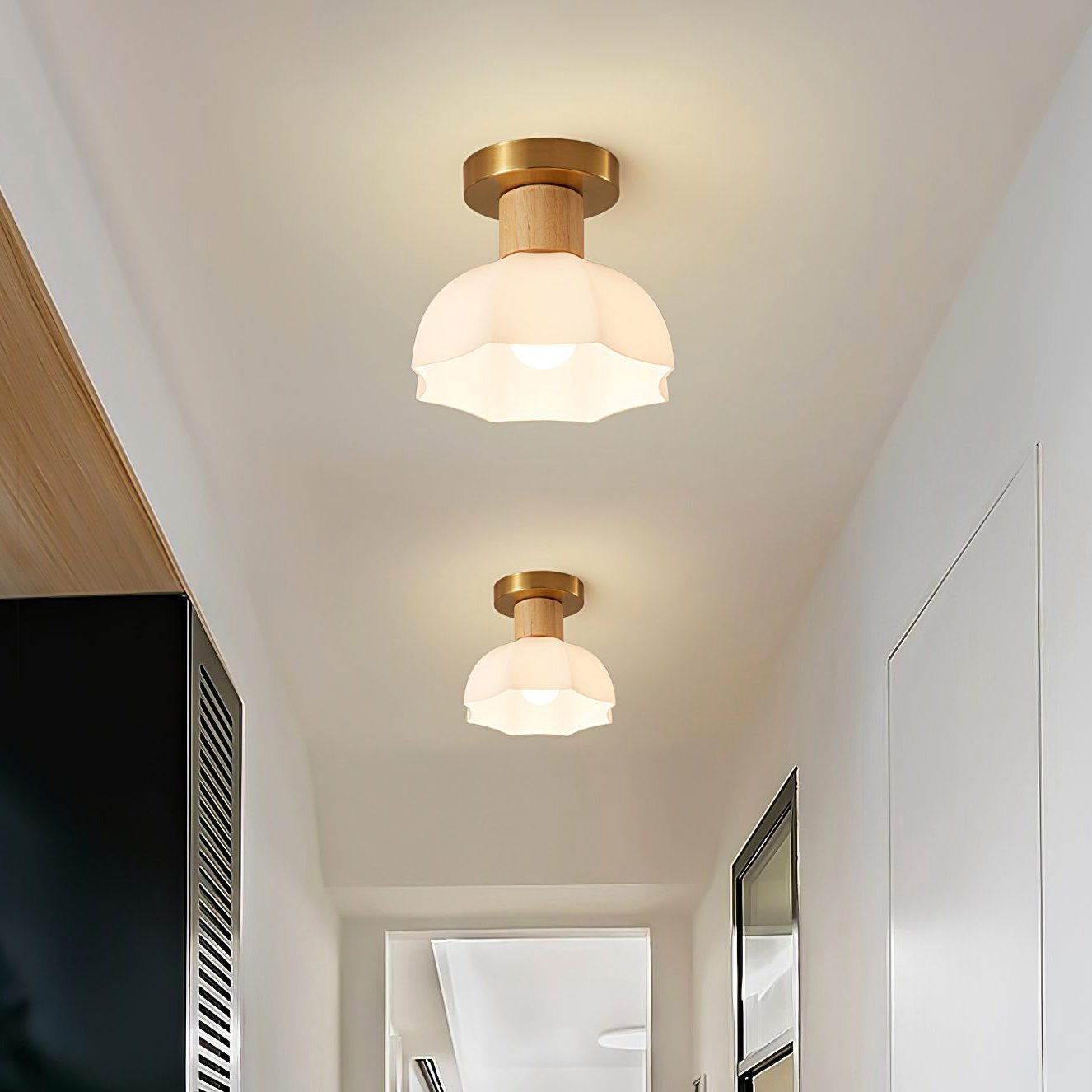 modern-horn-shaped-small-ceiling-lamp-with-wood-accents-and-glass-shade