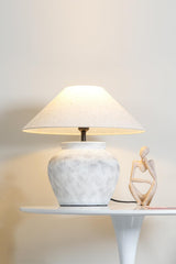 Rustic Weathered White Ceramic Etruscan Urn Table Lamp with Linen Fabric Shade for Bedroom