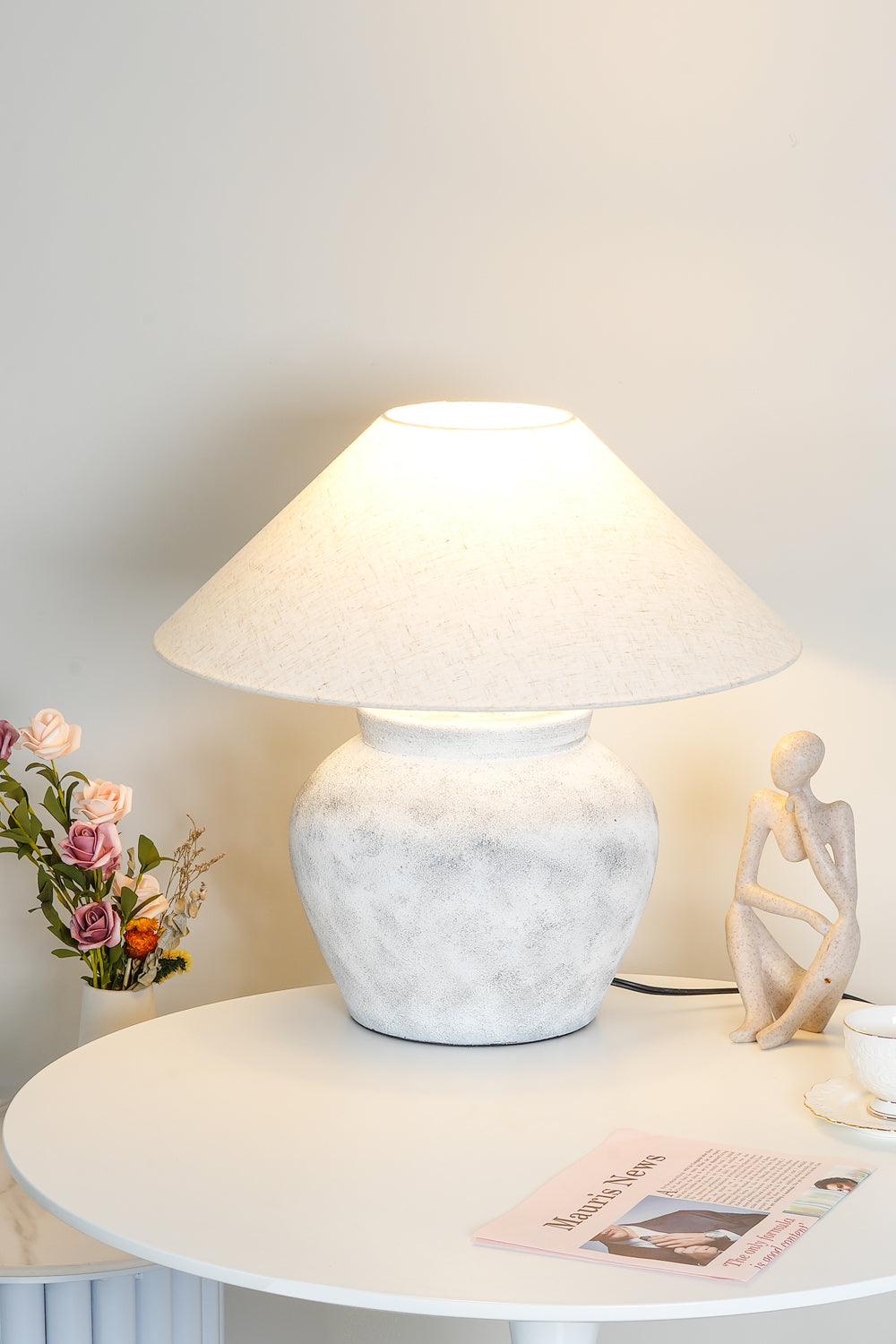 Rustic Weathered White Ceramic Etruscan Urn Table Lamp with Linen Fabric Shade for Bedroom
