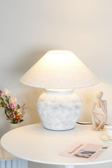 Rustic Weathered White Ceramic Etruscan Urn Table Lamp with Linen Fabric Shade for Bedroom