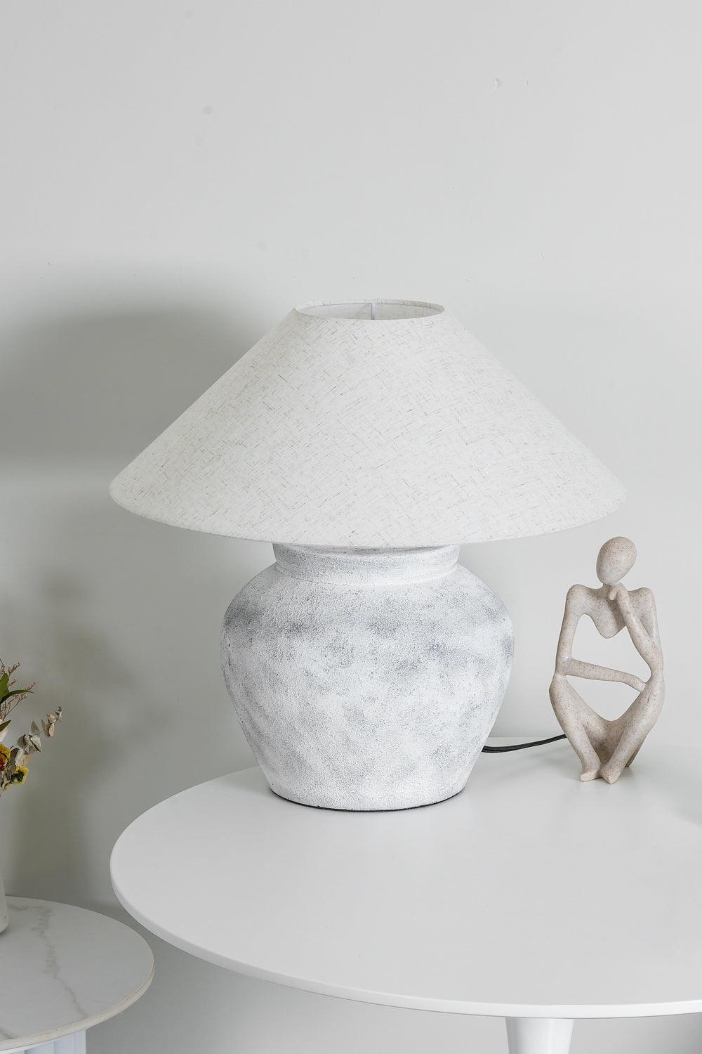 Rustic Weathered White Ceramic Etruscan Urn Table Lamp with Linen Fabric Shade for Bedroom