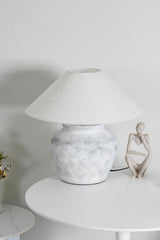 Rustic Weathered White Ceramic Etruscan Urn Table Lamp with Linen Fabric Shade for Bedroom