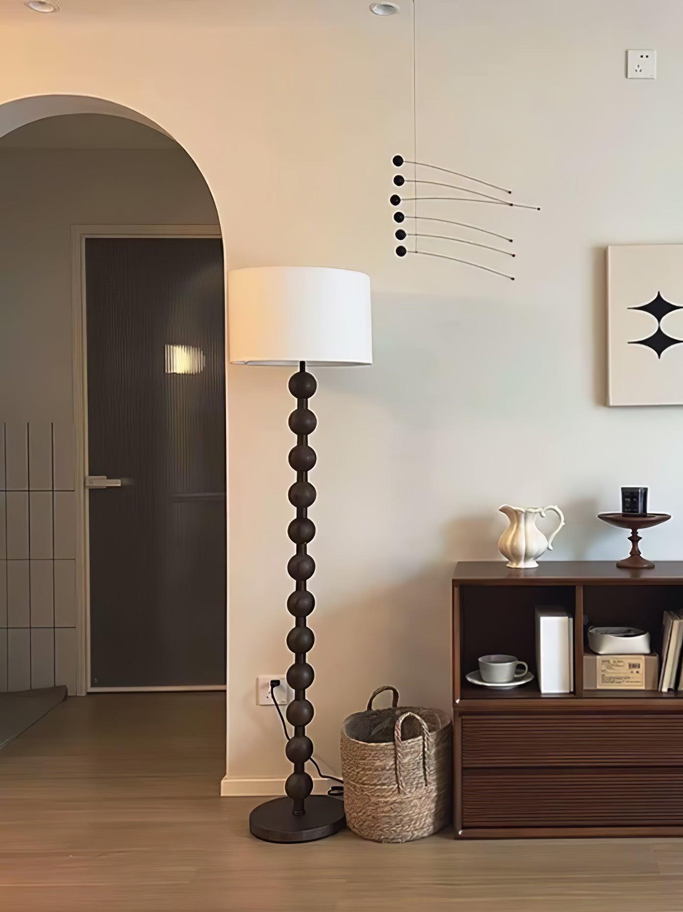 Mid Century Modern Barbell Wood Floor Lamp with Fabric Drum Shade for Indoor Lighting