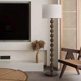 Mid Century Modern Barbell Wood Floor Lamp with Fabric Drum Shade for Indoor Lighting