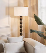 Mid Century Modern Barbell Wood Floor Lamp with Fabric Drum Shade for Indoor Lighting