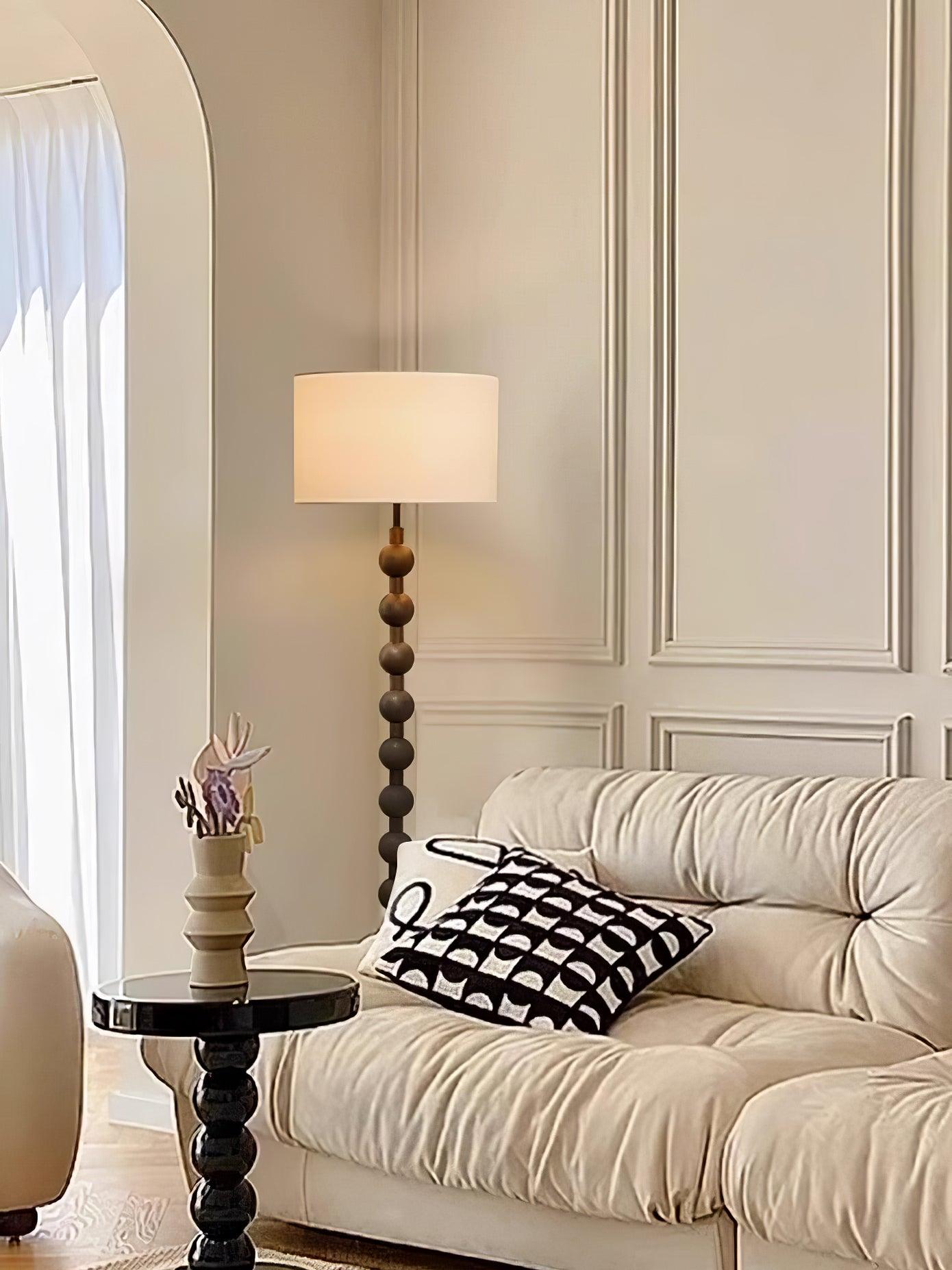 Mid Century Modern Barbell Wood Floor Lamp with Fabric Drum Shade for Indoor Lighting